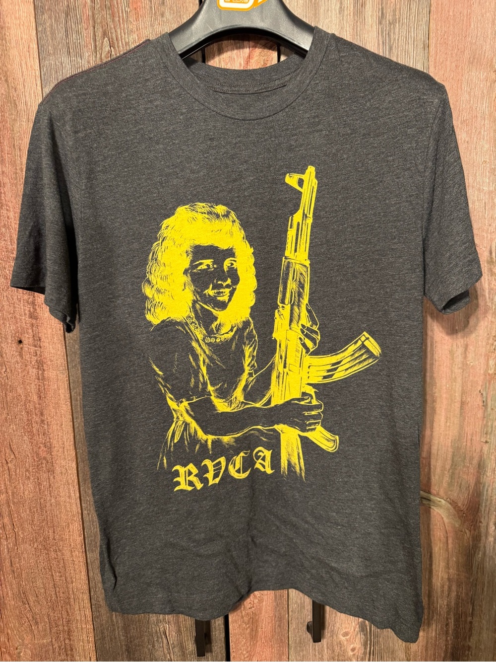 RVCA Men’s Medium Dark Gray Tee with Bright Yellow Graphic